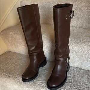 Zara Brown Leather Knee-High Boots